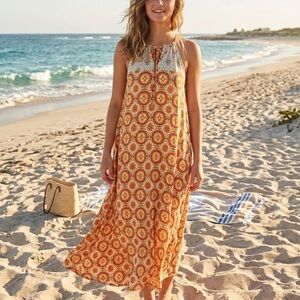 Anthropologie Kindred Boho  Orange Mosaic Tie-Neck Midi Dress Large Festival